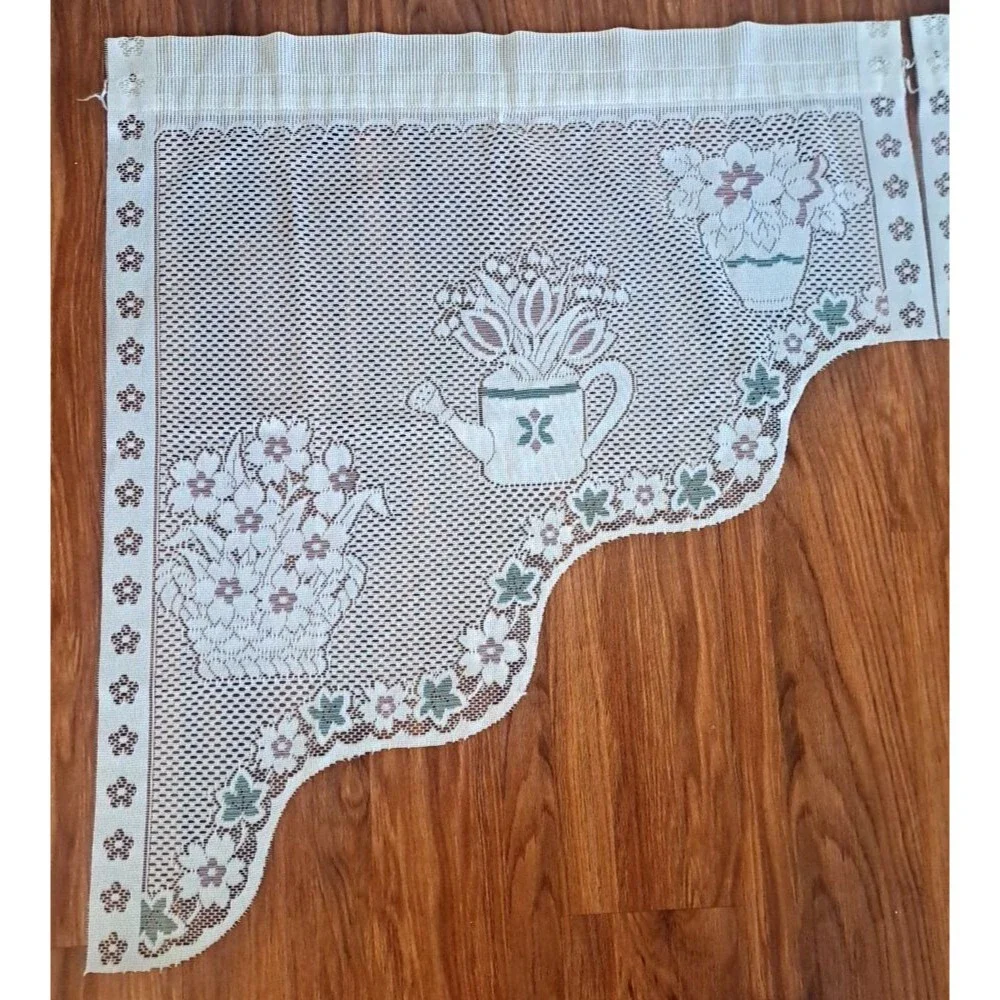 White Knit Lace Swag Curtains Arched Flower Bouquet 2 PC Pink Green 56x31